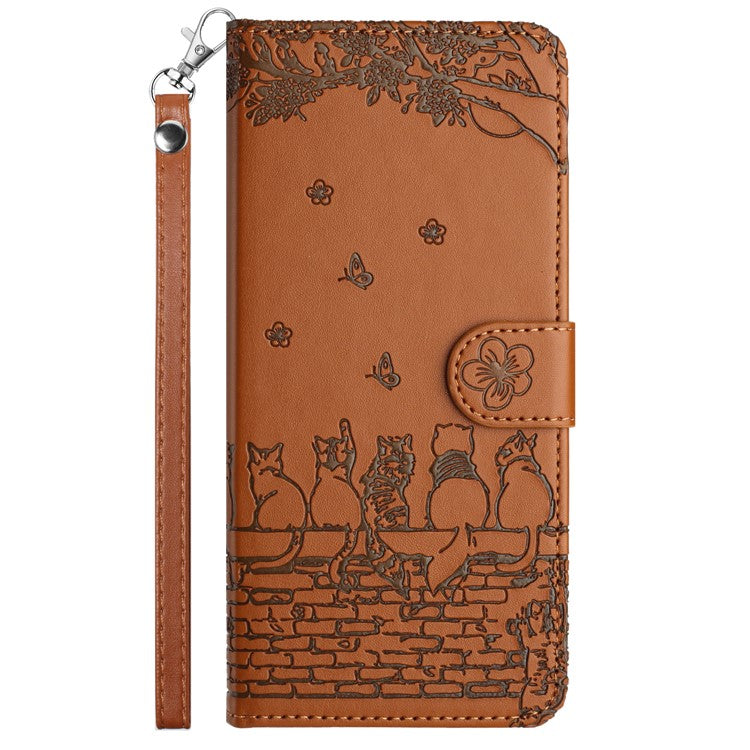 For Xiaomi Redmi Note 14 5G Case with Wrist Strap Leather Phone Cover Wall Cats Pattern - Brown