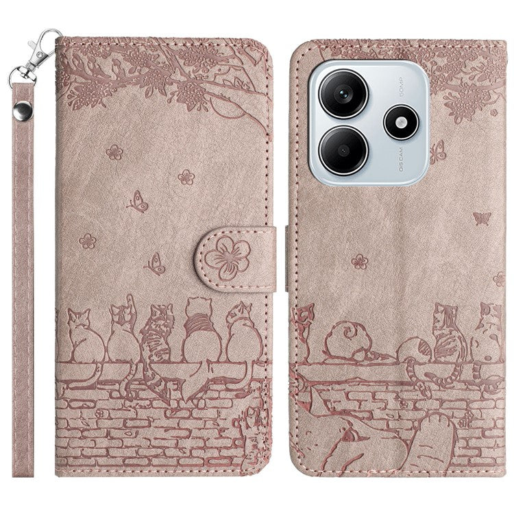For Xiaomi Redmi Note 14 5G Case with Wrist Strap Leather Phone Cover Wall Cats Pattern - Smoky Purple