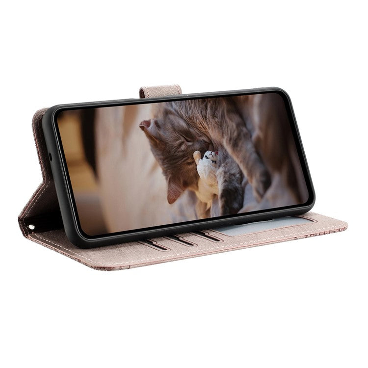 For Xiaomi Redmi Note 14 5G Case with Wrist Strap Leather Phone Cover Wall Cats Pattern - Smoky Purple