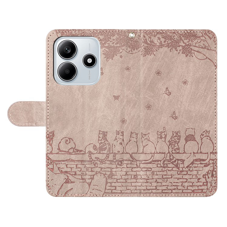 For Xiaomi Redmi Note 14 5G Case with Wrist Strap Leather Phone Cover Wall Cats Pattern - Smoky Purple