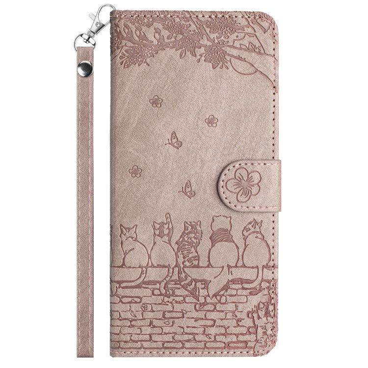 For Xiaomi Redmi Note 14 5G Case with Wrist Strap Leather Phone Cover Wall Cats Pattern - Smoky Purple