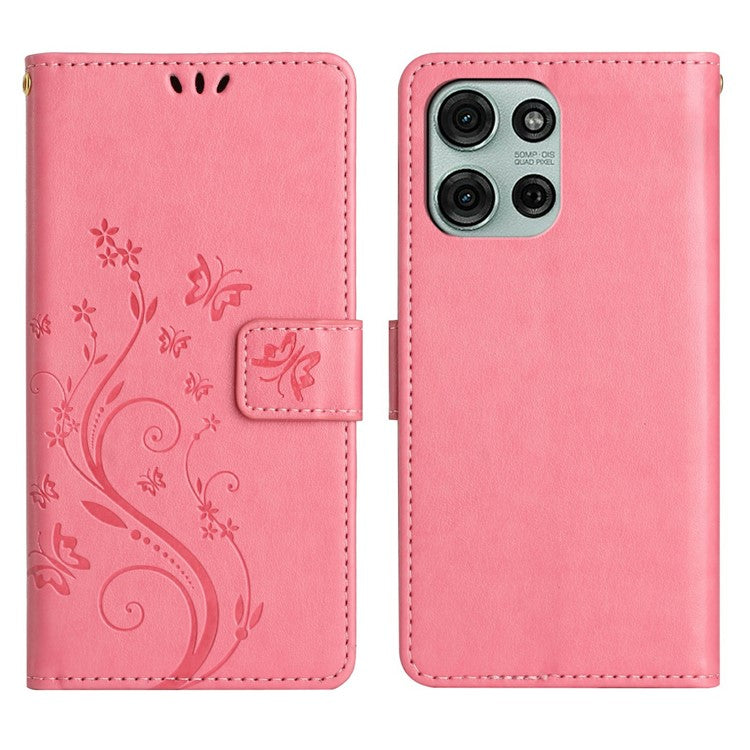For Motorola Moto G75 5G Case PU Leather Phone Wallet Cover with Strap - Pink
