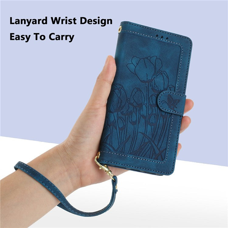 For Samsung Galaxy S23 Case Tulip Leather Phone Cover with 5 Card Slots Wallet - Blue