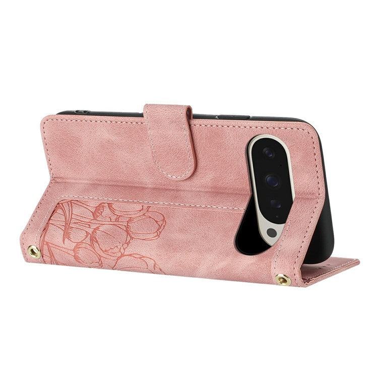 For Google Pixel 9 Pro XL Case Tulip Leather Phone Cover with 5 Card Slots Wallet - Pink