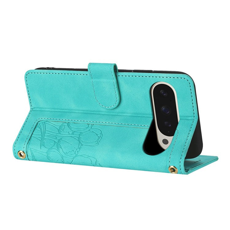 For Google Pixel 9 Pro XL Case Tulip Leather Phone Cover with 5 Card Slots Wallet - Green