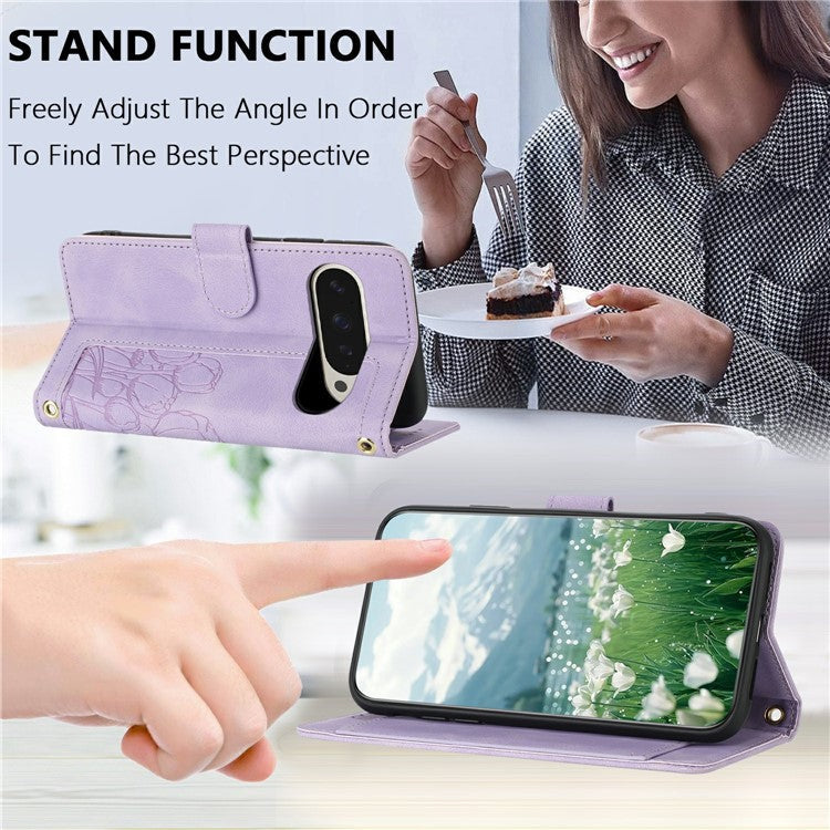 For Google Pixel 9 Pro XL Case Tulip Leather Phone Cover with 5 Card Slots Wallet - Purple
