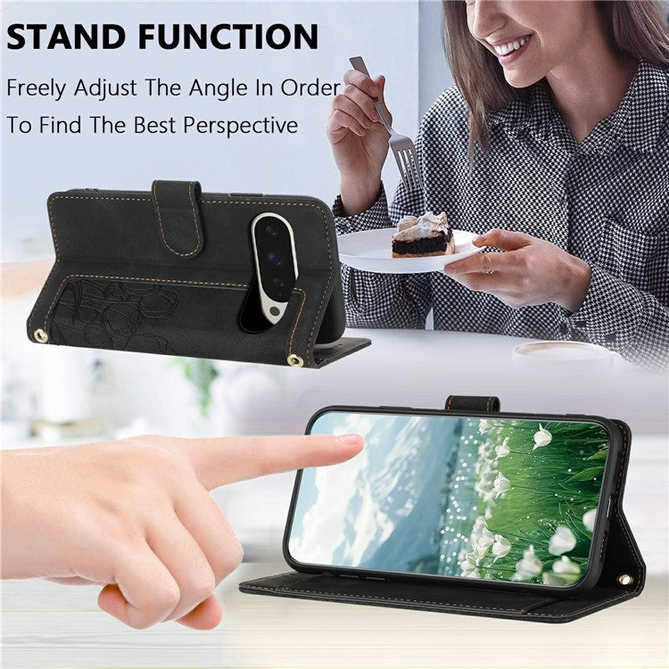 For Google Pixel 9 Pro XL Case Tulip Leather Phone Cover with 5 Card Slots Wallet - Black