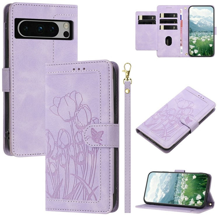 For Google Pixel 8 Pro Case Tulip Leather Phone Cover with 5 Card Slots Wallet - Purple