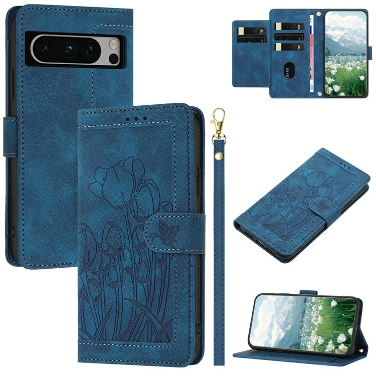 For Google Pixel 8 Pro Case Tulip Leather Phone Cover with 5 Card Slots Wallet - Blue