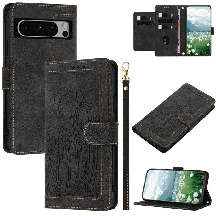 For Google Pixel 8 Pro Case Tulip Leather Phone Cover with 5 Card Slots Wallet - Black