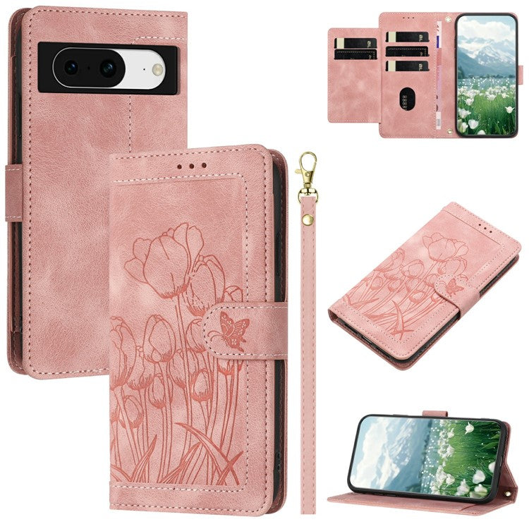For Google Pixel 8 Case Tulip Leather Phone Cover with 5 Card Slots Wallet - Pink