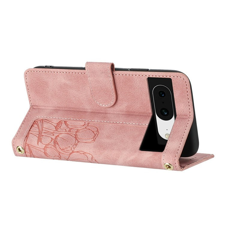 For Google Pixel 8 Case Tulip Leather Phone Cover with 5 Card Slots Wallet - Pink