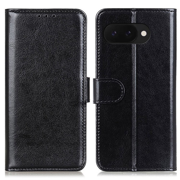 For Google Pixel 9a Case Crazy Horse Texture PU Leather Phone Stand Cover - Black