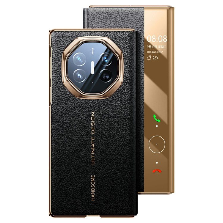 For Huawei Mate XT Ultimate Case View Window Genuine Cow Leather Smart Phone Cover - Black+Gold