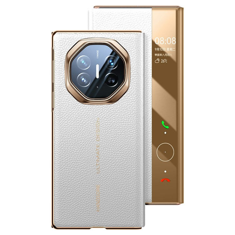 For Huawei Mate XT Ultimate Case View Window Genuine Cow Leather Smart Phone Cover - White+Gold