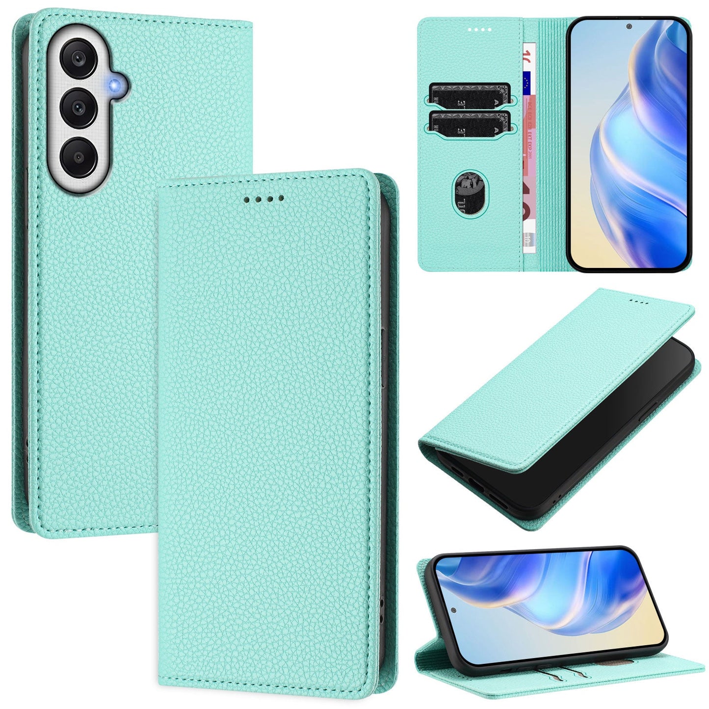 For Samsung Galaxy A56 5G Wallet Case RFID Blocking Litchi Texture Leather Mobile Cover - Mint Green