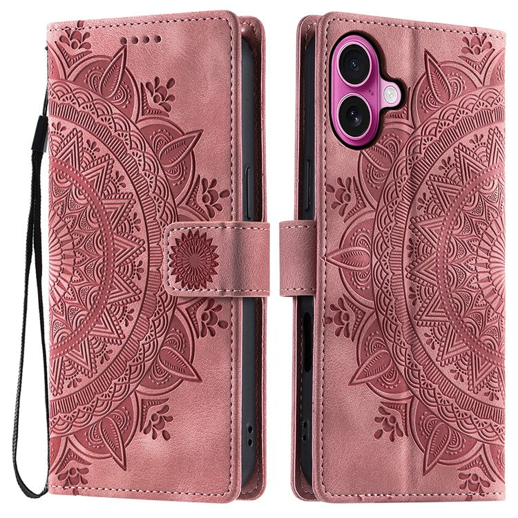 Style 018 For iPhone 16 Plus Case Imprinted Totem Skin Feel Wallet Leather Phone Cover - Rose Gold