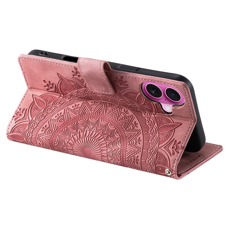 Style 018 For iPhone 16 Plus Case Imprinted Totem Skin Feel Wallet Leather Phone Cover - Rose Gold