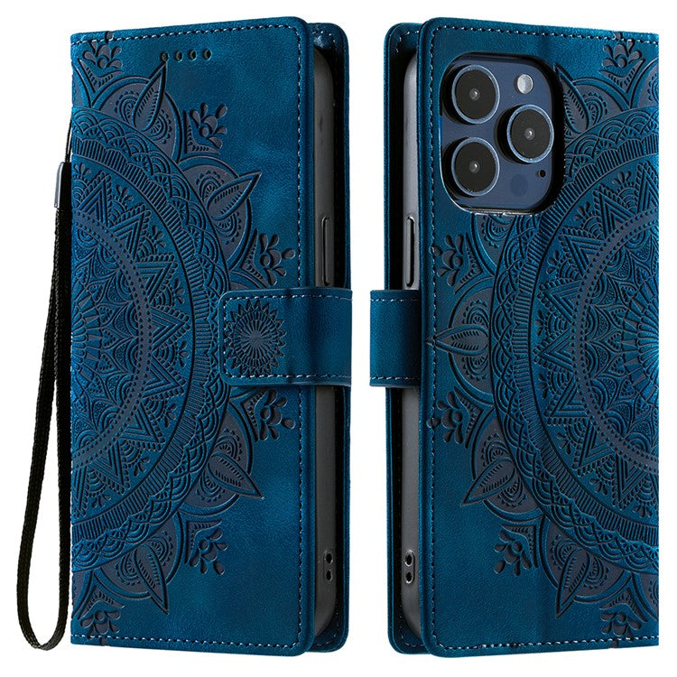 Style 018 For iPhone 16 Pro Case Imprinted Totem Skin Feel Wallet Leather Phone Cover - Blue