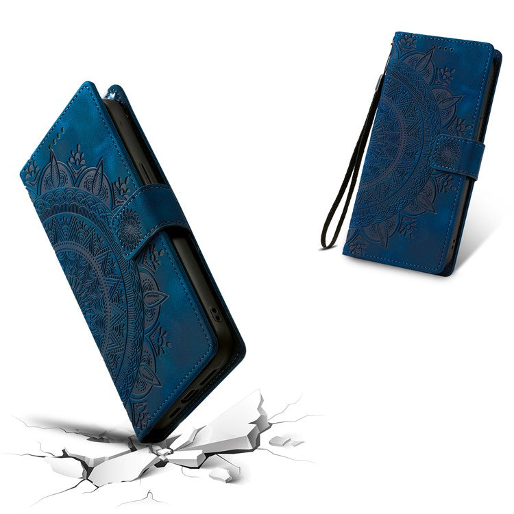 Style 018 For iPhone 16 Pro Case Imprinted Totem Skin Feel Wallet Leather Phone Cover - Blue