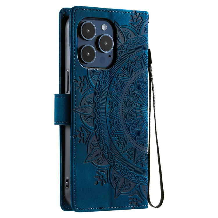 Style 018 For iPhone 16 Pro Case Imprinted Totem Skin Feel Wallet Leather Phone Cover - Blue
