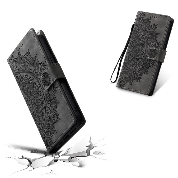 Style 018 Phone Case For Xiaomi Redmi 14C 4G / 14R 5G / Poco C75 4G Imprinted Totem Skin Feel Wallet Leather Cover - Grey