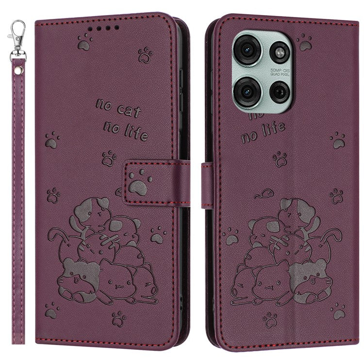 For Motorola Moto G75 5G Case with Strap Cats Imprint Leather Wallet Phone Cover - Wine Red