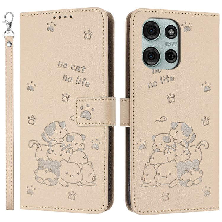 For Motorola Moto G75 5G Case with Strap Cats Imprint Leather Wallet Phone Cover - Beige