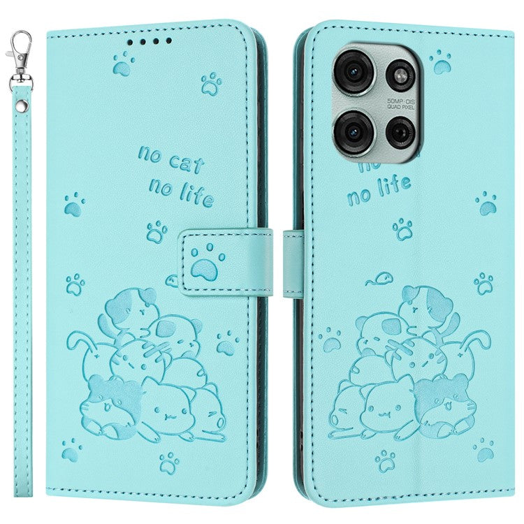 For Motorola Moto G75 5G Case with Strap Cats Imprint Leather Wallet Phone Cover - Green