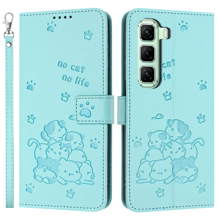 For Infinix Hot 50 Pro+ 4G Case with Strap Cats Imprint Leather Wallet Phone Cover - Green
