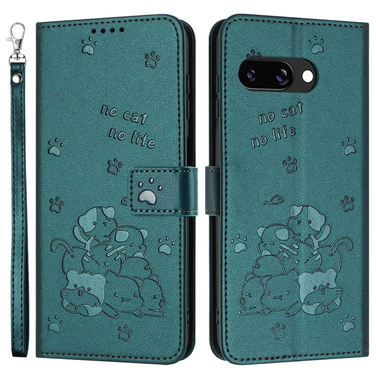 For Google Pixel 9a Case with Strap Cats Imprint Leather Wallet Phone Cover - Blackish Green