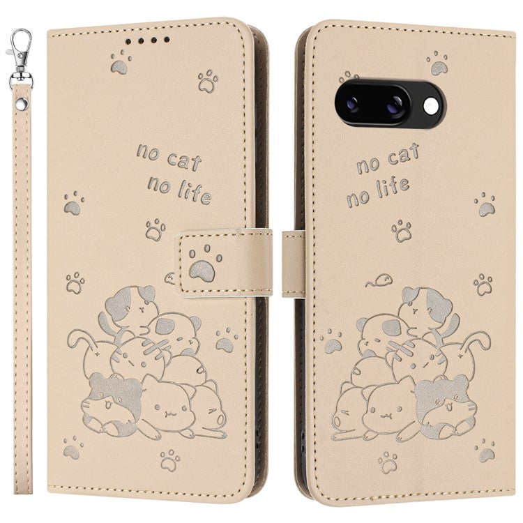 For Google Pixel 9a Case with Strap Cats Imprint Leather Wallet Phone Cover - Beige