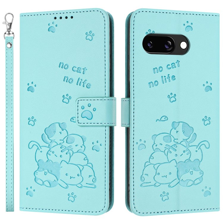For Google Pixel 9a Case with Strap Cats Imprint Leather Wallet Phone Cover - Green