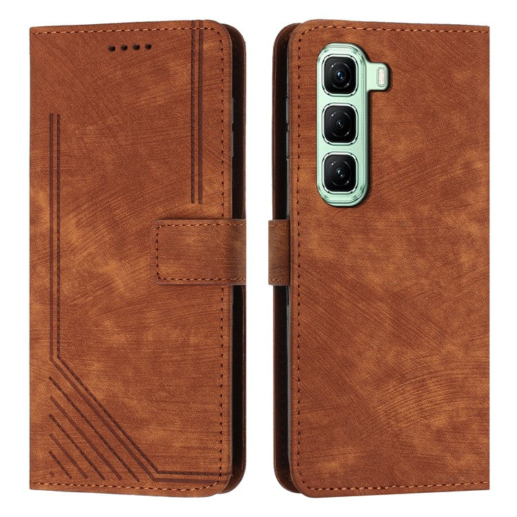 For Infinix Hot 50 Pro+ 4G Case Imprinted Lines Leather Phone Cover Folding Stand - Brown
