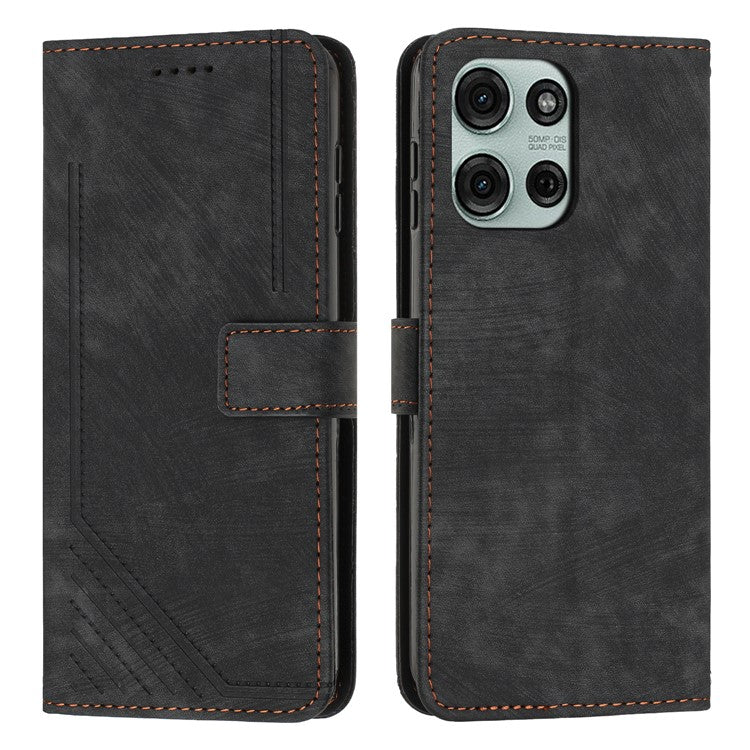 For Motorola Moto G75 5G Case Imprinted Lines Leather Phone Cover Folding Stand - Black