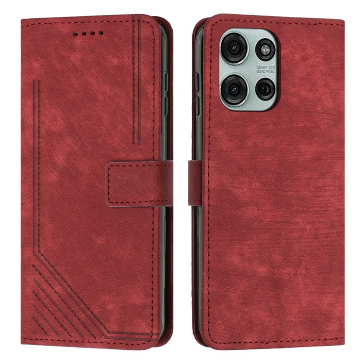 For Motorola Moto G75 5G Case Imprinted Lines Leather Phone Cover Folding Stand - Red