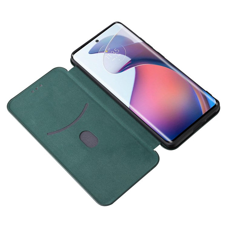 For Motorola Moto S30 Pro 5G / Edge 30 Fusion 5G Carbon Fiber Texture PU Leather Flip Folio Stand Cover Stand Cover Card Slots Magnetic Absorption Protective Case - Green