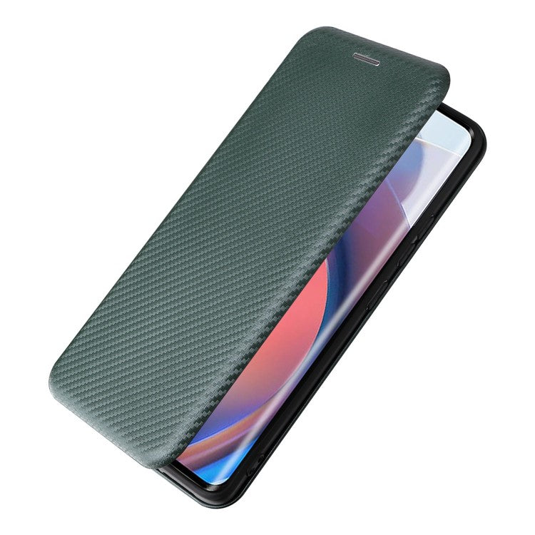 For Motorola Moto S30 Pro 5G / Edge 30 Fusion 5G Carbon Fiber Texture PU Leather Flip Folio Stand Cover Stand Cover Card Slots Magnetic Absorption Protective Case - Green