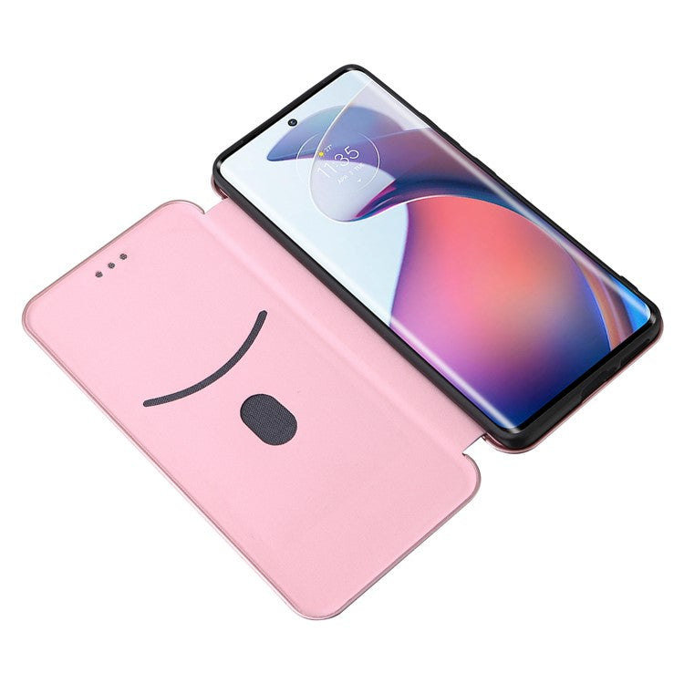 For Motorola Moto S30 Pro 5G / Edge 30 Fusion 5G Carbon Fiber Texture PU Leather Flip Folio Stand Cover Stand Cover Card Slots Magnetic Absorption Protective Case - Rose Gold