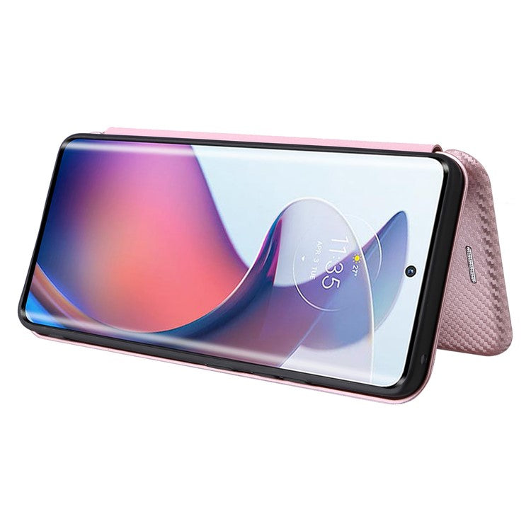 For Motorola Moto S30 Pro 5G / Edge 30 Fusion 5G Carbon Fiber Texture PU Leather Flip Folio Stand Cover Stand Cover Card Slots Magnetic Absorption Protective Case - Rose Gold