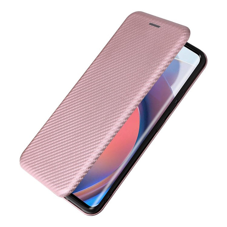 For Motorola Moto S30 Pro 5G / Edge 30 Fusion 5G Carbon Fiber Texture PU Leather Flip Folio Stand Cover Stand Cover Card Slots Magnetic Absorption Protective Case - Rose Gold