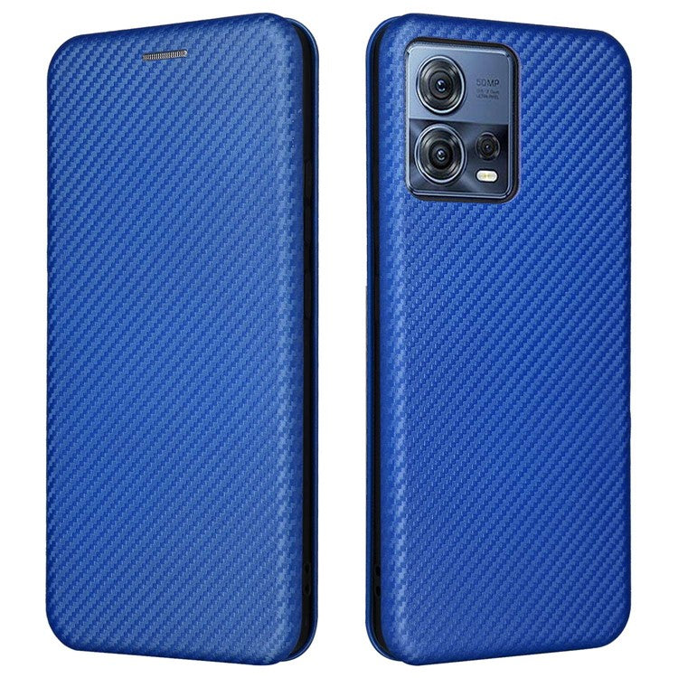 For Motorola Moto S30 Pro 5G / Edge 30 Fusion 5G Carbon Fiber Texture PU Leather Flip Folio Stand Cover Stand Cover Card Slots Magnetic Absorption Protective Case - Blue