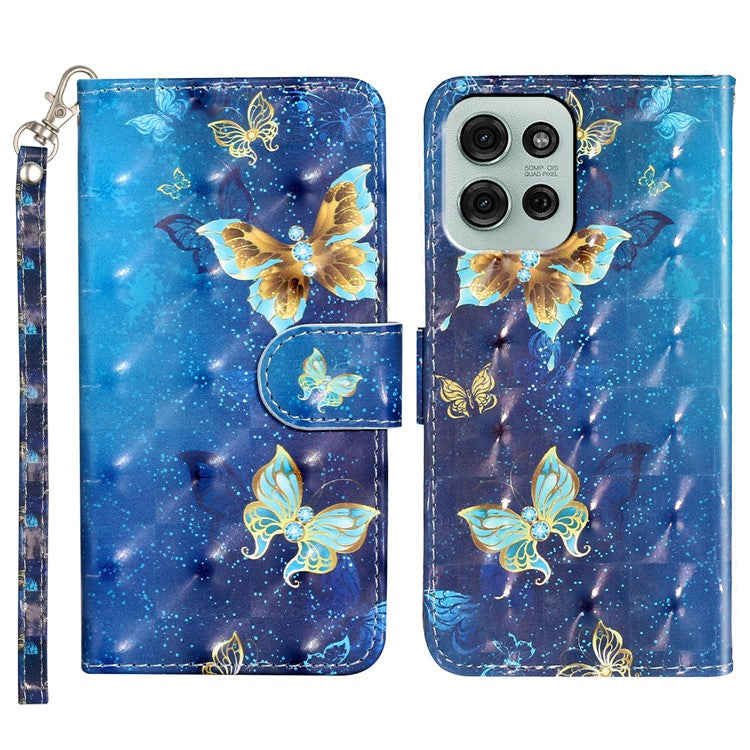 For Motorola Moto G75 5G Case 3D Pattern Printed Phone Leather Phone Cover - Blue Gold Butterflies