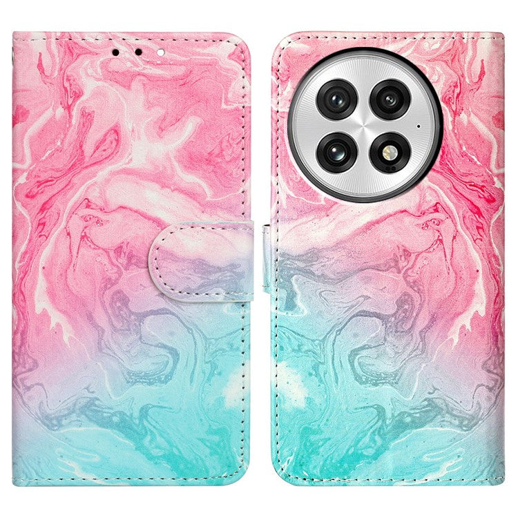 For OnePlus 13 Case Pattern PU Leather Flip Phone Cover - Pink Green Marble