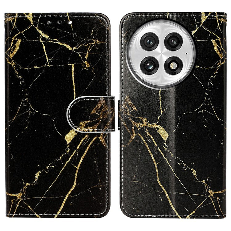 For OnePlus 13 Case Pattern PU Leather Flip Phone Cover - Black Gold Marble