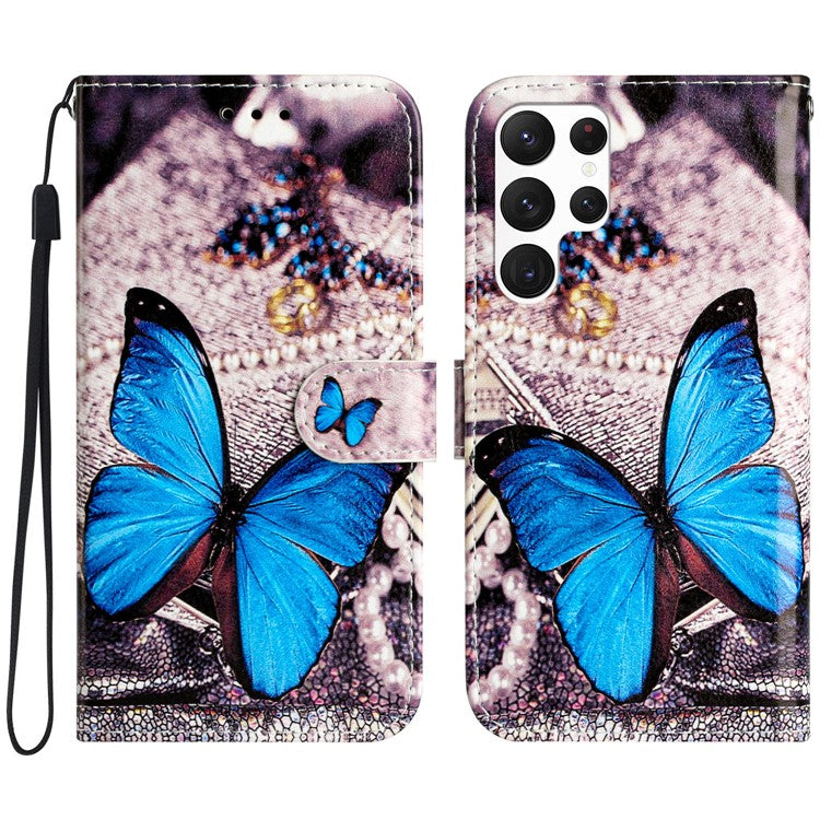 For Samsung Galaxy S25 Ultra Wallet Case Printed Pattern Design Leather Phone Cover - Blue Butterfly