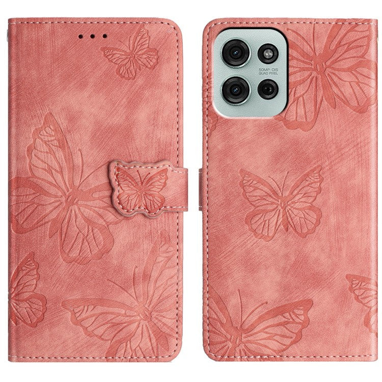 For Motorola Moto G75 5G Case Butterfly Design Flip Wallet Leather Phone Cover Skin-Touch - Pink