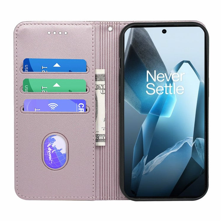 HX01 For OnePlus 13 Wallet Case Magnetic Closing PU Leather Phone Cover - Rose Gold