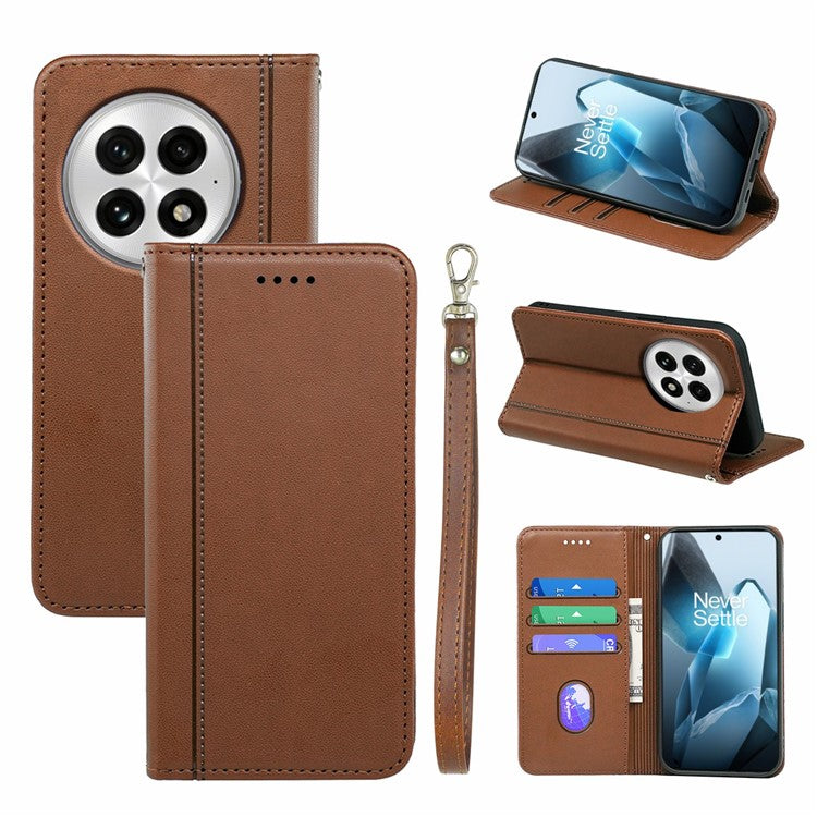HX01 For OnePlus 13 Wallet Case Magnetic Closing PU Leather Phone Cover - Brown