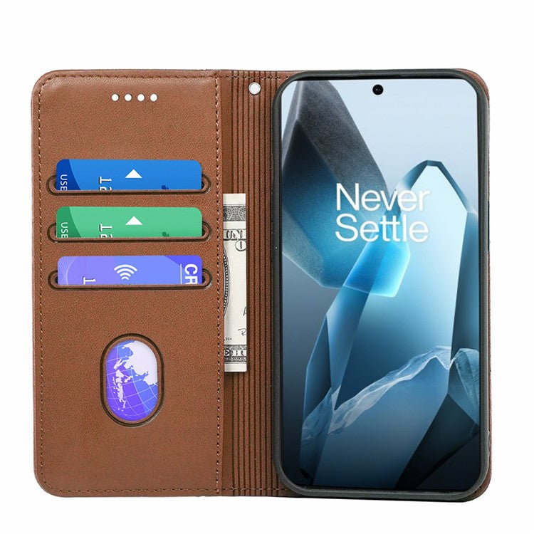 HX01 For OnePlus 13 Wallet Case Magnetic Closing PU Leather Phone Cover - Brown